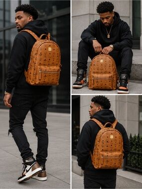 MCM Visetos Cognac Logo Backpack with Gold Hardware